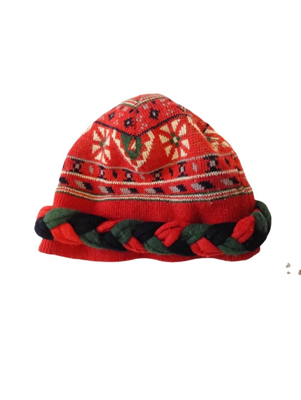 Vintage Sally Gee Beanie Red Fair Isle Knit Cozy Braided Trim Winter Hat